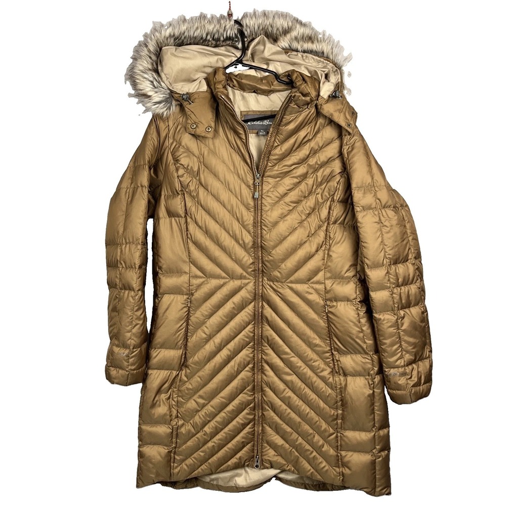 Eddie Bauer Parka Jacket Women’s XL Gold EB650 Down Faux Fur Hood Quilted Puffer